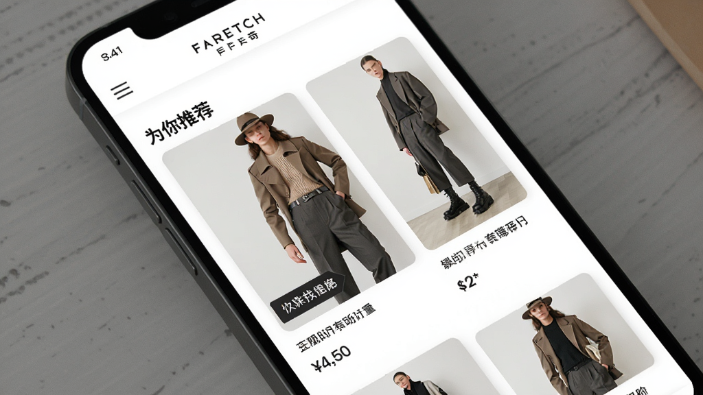 主体:FARFETCH发发奇APP的个性化推荐页面,手机屏幕显示“为你推荐”板块,包含模特穿搭图片与商品链接。布局:卡片式布局,大图预览,下方为商品名称与价格。排版:简洁美观,推荐位明显。风格:时尚杂志风。细节:模特姿态自然,商品标签清晰。画质:超清,干净,无多余元素。