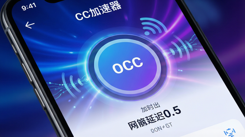 一张智能手机屏幕特写,屏幕内清晰显示“CC加速器”主界面,界面中央有一个圆形的大大的加速按钮,按钮下方显示当前网络延迟数字,背景为动感炫酷的蓝紫色渐变光效,主体突出,布局简洁,风格为现代科技感UI设计,细节包含网络信号波纹与数据流动线条,画质高清干净,无多余元素