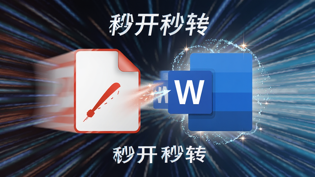 主体:动态速度线背景前,一个PDF文件图标快速变形为Word文档图标,周围有闪光效果,布局居中,风格科技感,细节体现