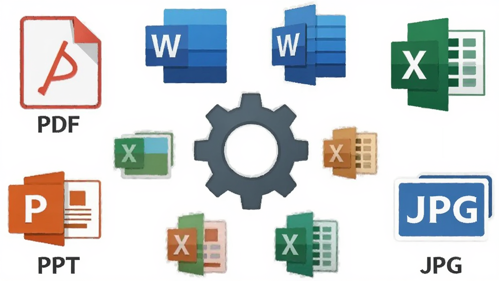 主体:多种格式图标(PDF、Word、Excel、PPT、JPG)环绕一个中心齿轮图标,布局呈圆形排列,风格扁平化,细节处每个图标下方标注对应格式名称,画面干净整洁,无多余元素