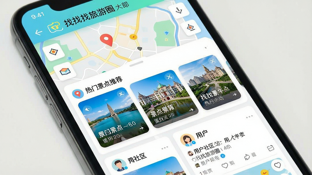 一张展示智能手机屏幕的图片,屏幕上清晰显示“找找找旅游圈”APP主界面,界面风格清新明亮,包含地图定位、热门景点推荐卡片、用户社区动态流等模块,整体布局简洁现代,色彩明快,画质干净,无多余元素