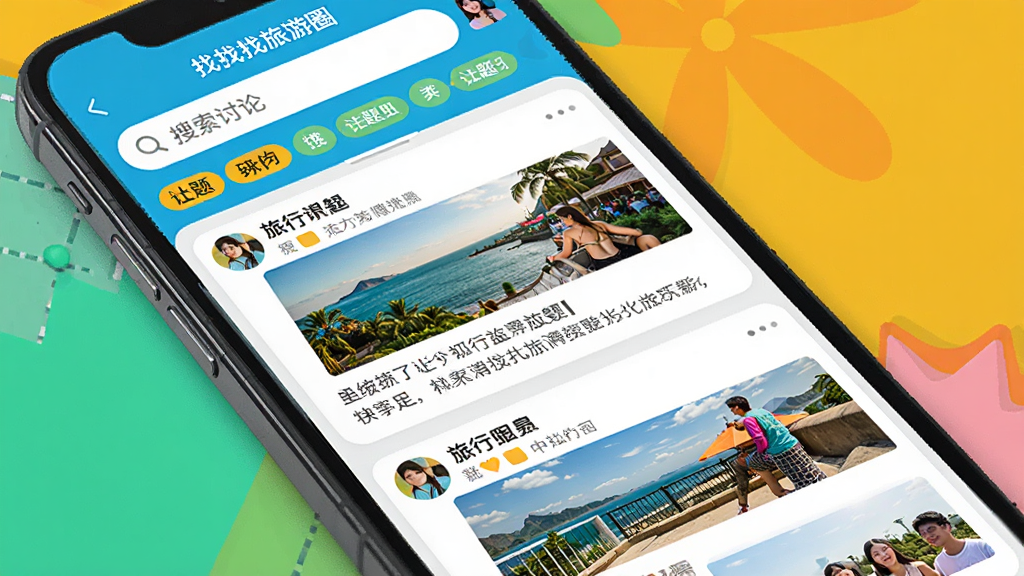 一幅手机界面设计图,展示“找找找旅游圈”APP的社区讨论区,屏幕上有多条用户发布的旅行帖子,包含照片和文字描述,顶部有搜索栏和话题标签,整体风格活泼,颜色鲜艳,画质清晰,无多余元素