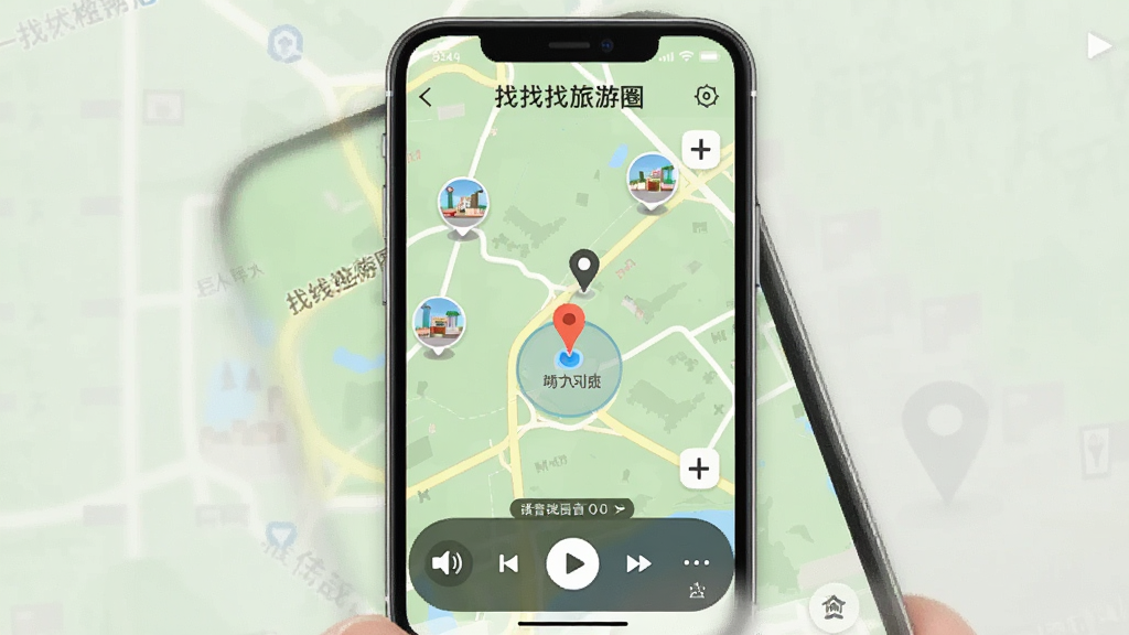 一幅手机应用界面示意图,展示“找找找旅游圈”的离线地图模式,地图上显示景点标记和当前位置,底部有语音播放控制条,界面风格简洁,地图背景为淡绿色,画质细腻,无多余元素