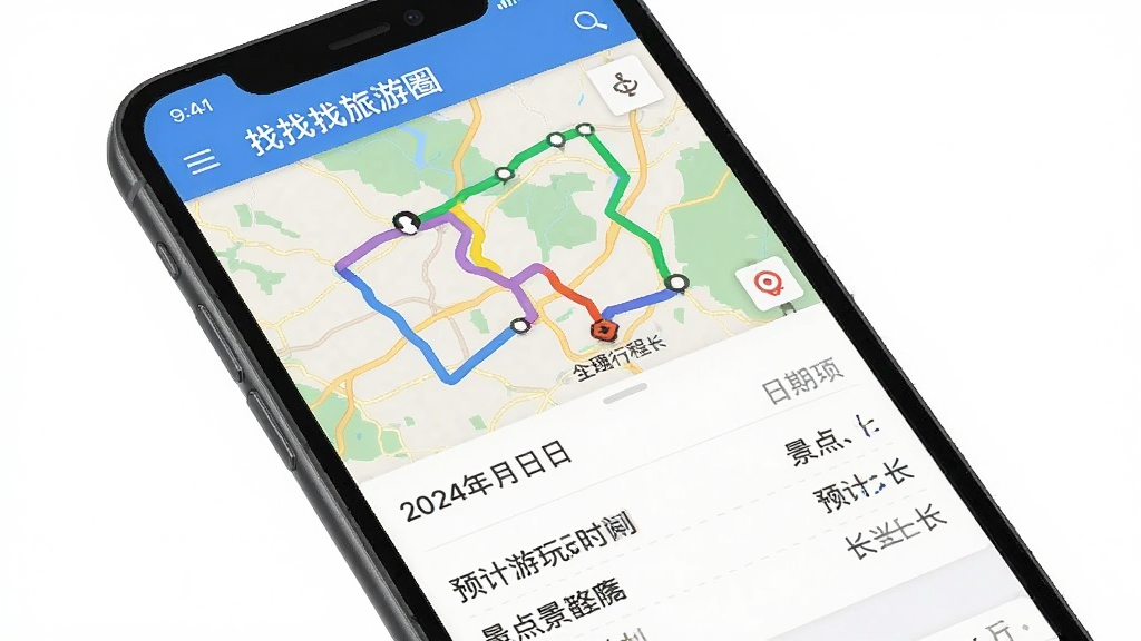 一幅手机截图风格图片,手机屏幕上展示“找找找旅游圈”的智能行程规划界面,路线以彩色线条标记在地图上,下方有日期、景点名称和预计游玩时长列表,界面清爽,地图背景淡雅,画质细腻,干净无多余元素