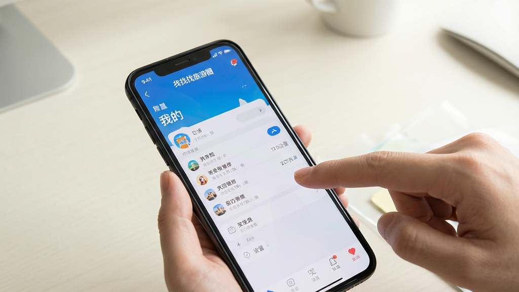 一幅手机使用教程场景图,手机屏幕显示“找找找旅游圈”APP的“我的”设置页面,旁边有手指点击操作,背景为简洁的桌面,画质干净,无多余文字