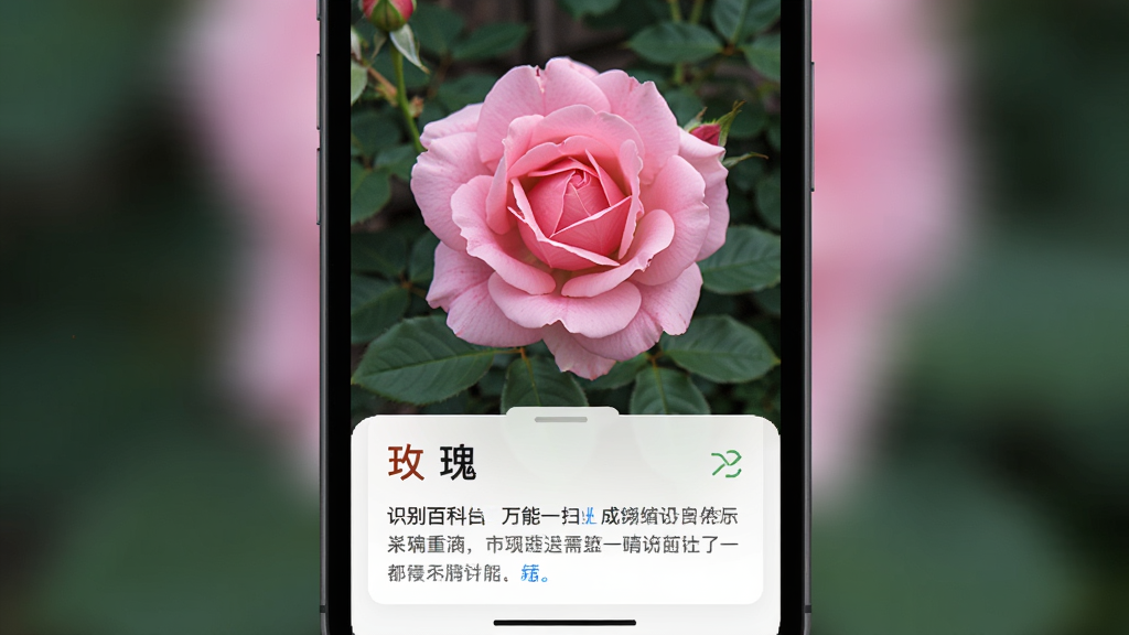 万能扫一扫app识别一朵粉色花朵的预览界面,屏幕上显示拍摄的鲜花照片,照片下方弹出识别结果卡片,卡片上显示“玫瑰”字样和简短的百科介绍,界面风格简洁清新,画质高清晰