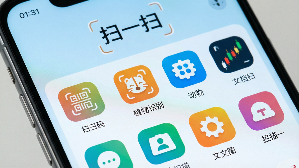 一张智能手机屏幕特写,屏幕中显示万能扫一扫app的主界面,界面顶部有“扫一扫”字样,下方排列着多个彩色功能图标,包括扫码、植物识别、动物识别、文档扫描、K线图识别等,背景是简洁的浅蓝色渐变,画质干净清晰,无多余元素
