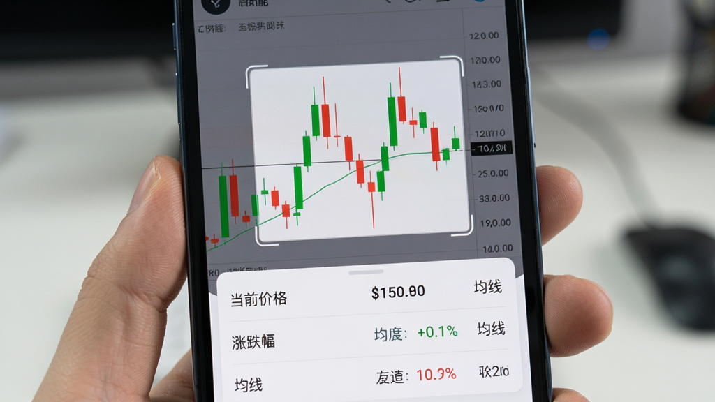 万能扫一扫app识别手机屏幕上的K线图,屏幕上显示红色和绿色的蜡烛图,识别框对准K线图中央,下方弹出数据面板,标注“当前价格”、“涨跌幅”、“均线”等字段,界面专业简洁,画质清晰