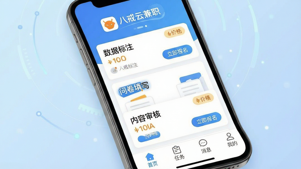 画面主体为智能手机屏幕展示“八戒云兼职”APP主界面,上方显示平台Logo与“八戒云兼职”字样,中部以卡片式布局陈列“数据标注”“问卷填写”“内容审核”等任务列表,每个任务卡片带有价格标签与“立即报名”按钮。底部导航栏清晰标注“首页”“任务”“消息”“我的”四个图标。背景为浅蓝色渐变,整体排版整洁、风格现代简约,突出移动端应用的实用性与科技感,画质高清干净,无多余元素。