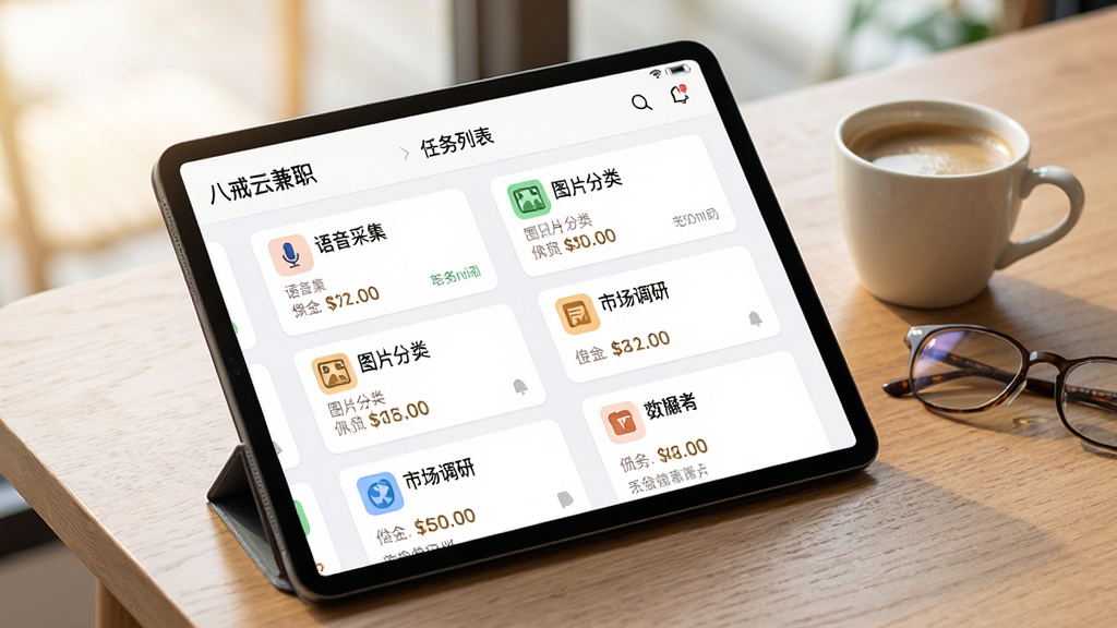 图片主体为一张展示“八戒云兼职”任务列表的平板电脑屏幕,屏幕内以瀑布流形式展示各类任务卡片,包括“语音采集”“图片分类”“市场调研”等,每张卡片配有小图标和佣金金额。平板放置在木质桌面上,旁边放有一杯咖啡和一副眼镜,整体场景明亮温馨,排版错落有致,风格写实自然,画质细腻干净,无多余元素。