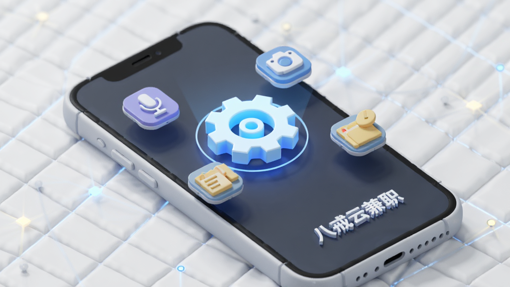 画面主体为3D风格手机界面,屏幕中央有一个发光的齿轮图标,周围环绕多个任务小图标,如麦克风、相机、文档等,象征智能匹配过程。手机下方有“八戒云兼职”字样,背景为浅灰色网格线条,整体构图具有科技感,排版简洁大方,风格抽象现代,画质清晰干净,无多余元素。