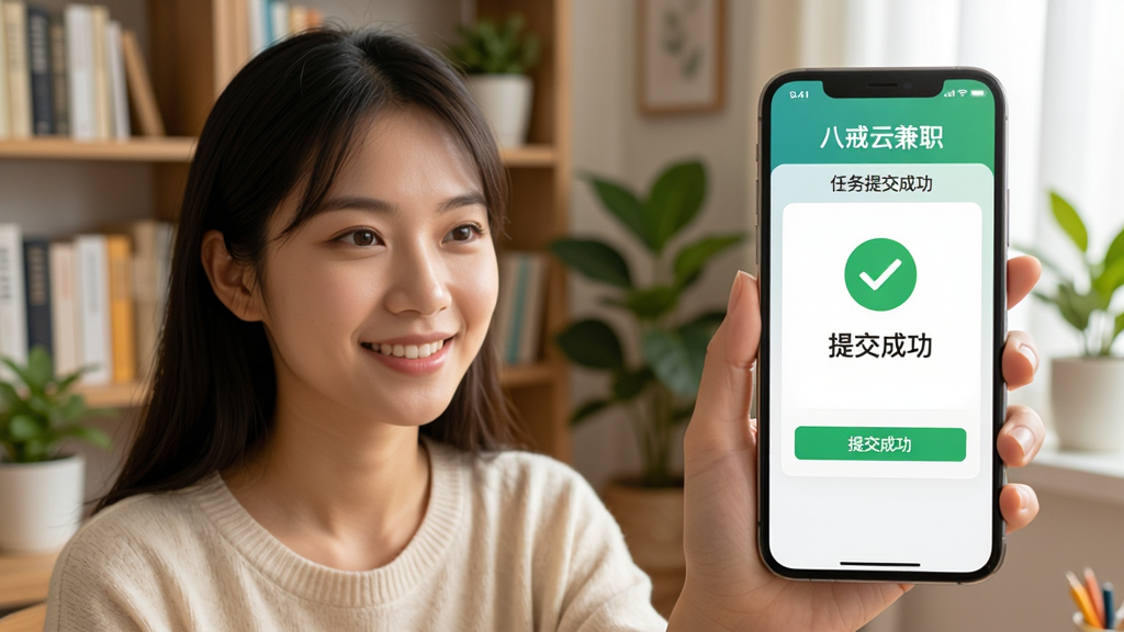 画面主体为一名年轻女性用户手持手机,屏幕上显示“八戒云兼职”任务提交成功页面,页面中有“提交成功”绿色对勾。背景为家庭书房场景,有书架和绿植,整体色调温馨明亮,风格写实自然,画质干净,无多余元素。