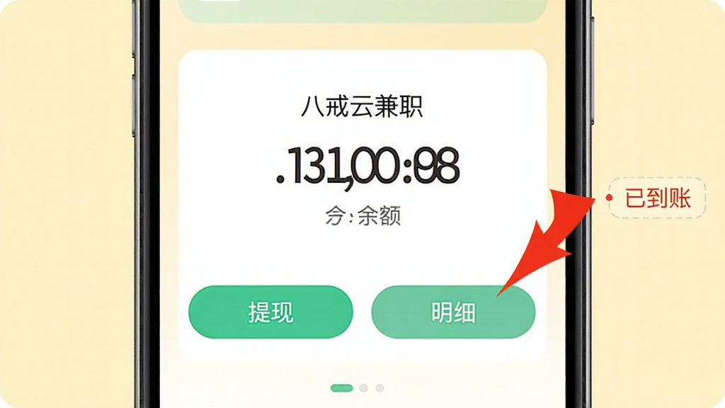 画面主体为手机钱包界面,显示“八戒云兼职”余额数字,下方有“提现”和“明细”两个按钮,右侧有一个红色箭头指向“已到账”提示。背景为浅黄色,整体风格简约明快,排版直观,画质清晰,无多余元素。
