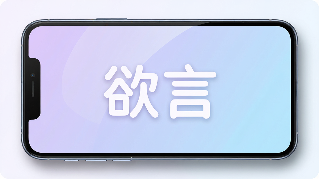 画面主体为一部亮屏的智能手机,屏幕中央显示“欲言”二字,字体圆润柔和,背景是渐变的淡紫色与浅蓝色,整体风格简约清新,排版居中对称,细节包括屏幕反射的微光与柔和阴影,画质高清细腻,干净无多余元素