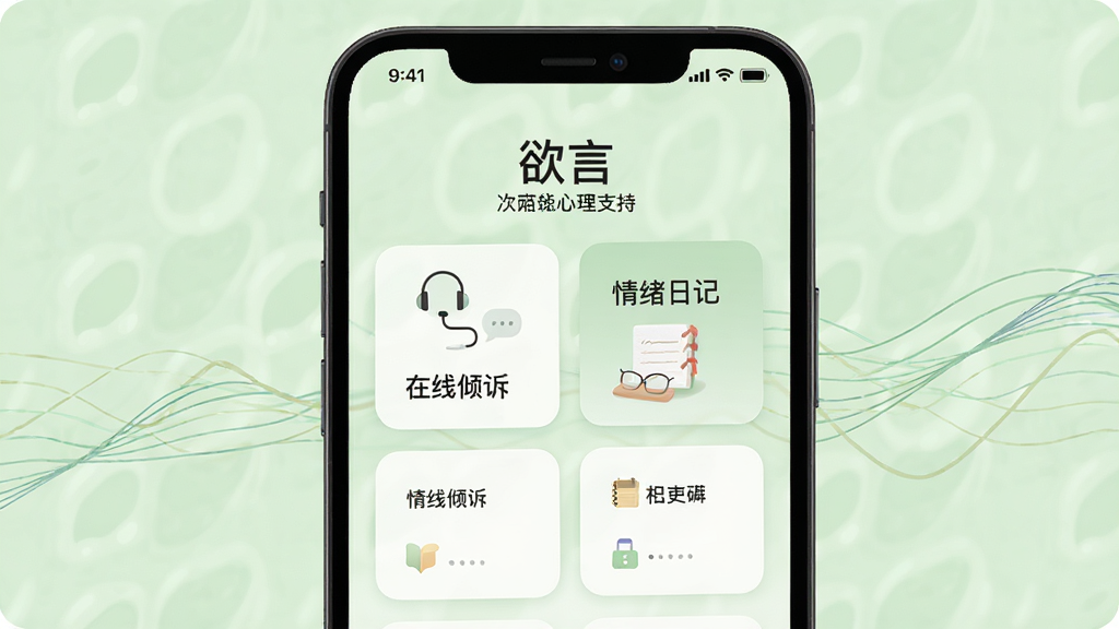 手机界面显示“欲言”心理支持页面,包含“在线倾诉”“情绪日记”等卡片,背景为淡绿色,排版清晰,风格柔和,细节包括耳机图标与波浪线条,画质高清