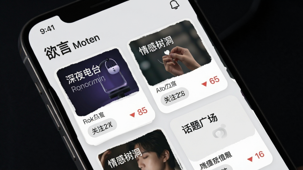 手机界面展示“欲言”话题广场,卡片式布局包含多个话题标签,如“深夜电台”“情感树洞”,背景浅灰,排版错落有致,风格现代简约,细节包括关注按钮与热度数字,画质干净