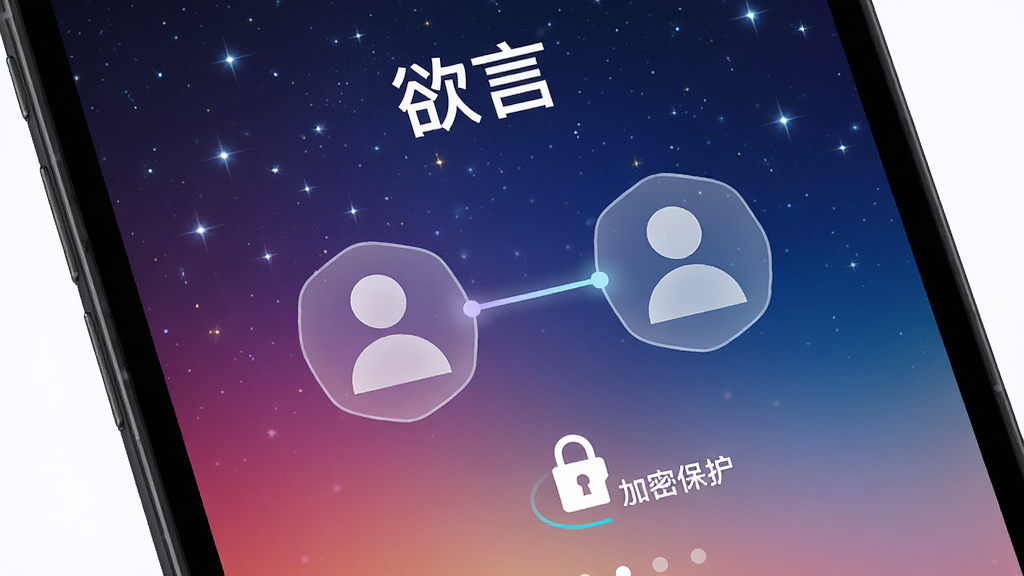 手机屏幕显示“欲言”匹配成功界面,两个抽象人形图标相连,背景为星空渐变,排版简洁,风格科技感,细节包括锁形图标与“加密保护”字样,画质高清