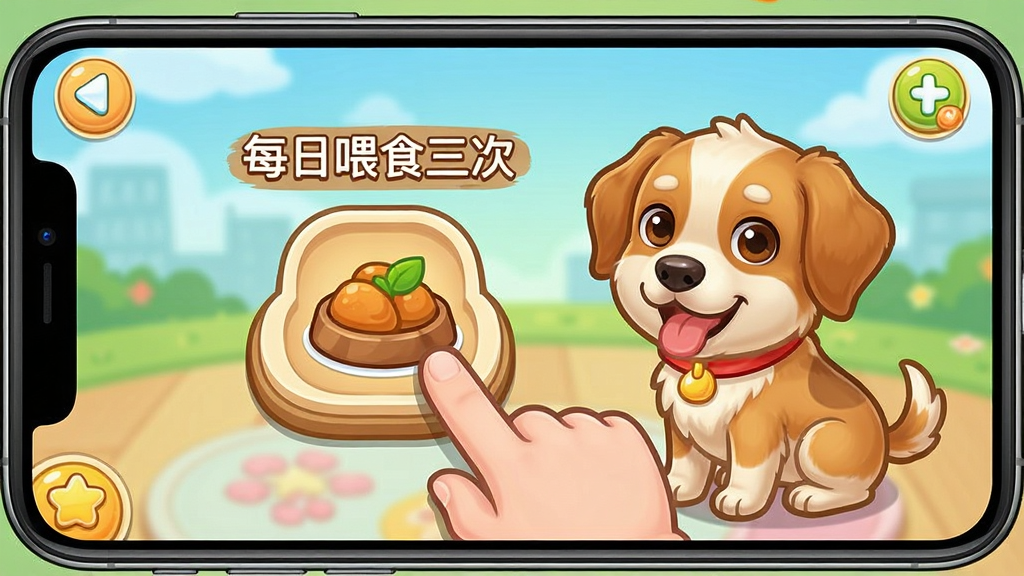 小狗报到游戏使用教程截图,手机屏幕显示操作界面,用手指点击喂食图标,旁边有文字提示“每日喂食三次”,画面清晰,风格卡通,细节丰富,画质干净,无多余元素