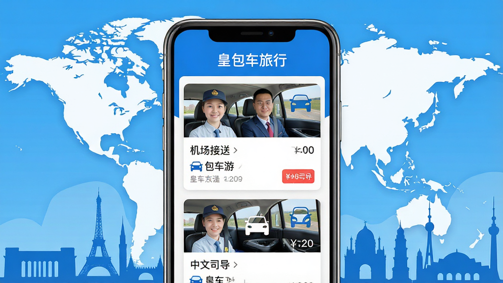 主体:皇包车旅行App界面展示,手机屏幕显示境外包车服务列表,有中文司机照片、车辆信息、价格标签。布局:手机居中,背景为世界地图与城市地标剪影。排版:界面清晰,卡片式布局,上方显示“皇包车旅行”字样。风格:现代扁平化,色彩明亮,蓝白主色调。细节:手机屏幕内包含“机场接送”、“包车游”、“中文司导”等图标。画质:高清渲染,干净,无多余元素。