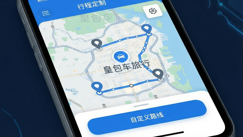 主体:皇包车旅行App的行程定制界面,显示地图与路线点,可拖动调整。布局:手机屏幕特写,地图占据主画面,下方有“自定义路线”按钮。排版:简洁,功能按钮直观。风格:UI设计风格,蓝色科技感。细节:地图上有多个地标标记,显示“皇包车旅行”水印。画质:高保真,干净,无多余元素。