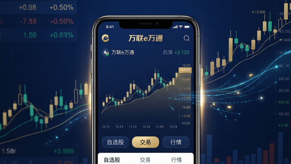 主体:智能手机屏幕展示万联e万通股票交易界面,背景为动态K线图和涨跌数字。布局:手机居中,屏幕内容清晰可见,周围有轻微的光效和数据流动线条。排版:界面简洁现代,主要功能按钮如“自选股”“交易”“行情”依次排列。风格:科技感、商务风,色彩以深蓝和金色为主,突出专业与稳重。细节:屏幕内显示“万联e万通”品牌字样,K线图线条锐利,数据刷新动画流畅。画质:高清渲染,干净无多余元素。