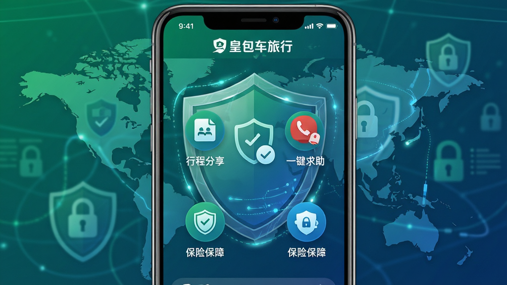 主体:皇包车旅行App安全中心界面,显示“行程分享”、“一键求助”、“保险保障”等图标。布局:手机屏幕居中,背景为盾牌与安全元素。排版:图标整齐排列,每个图标下有文字说明。风格:安全科技风,绿色与蓝色搭配。细节:界面有“皇包车旅行”标识,背景有世界地图。画质:高清,干净,无多余元素。