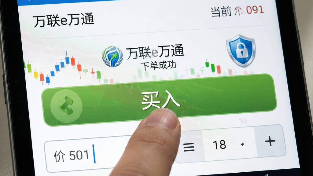 主体:交易下单界面特写,手指点击“买入”按钮。布局:界面下方为价格输入框和数量选择器,上方为股票名称和当前价。排版:表单布局清晰,按钮大而醒目。风格:写实风格,色彩明亮,突出操作便捷性。细节:屏幕显示“万联e万通”下单成功提示,并有安全盾牌图标。画质:细腻,干净无多余元素。