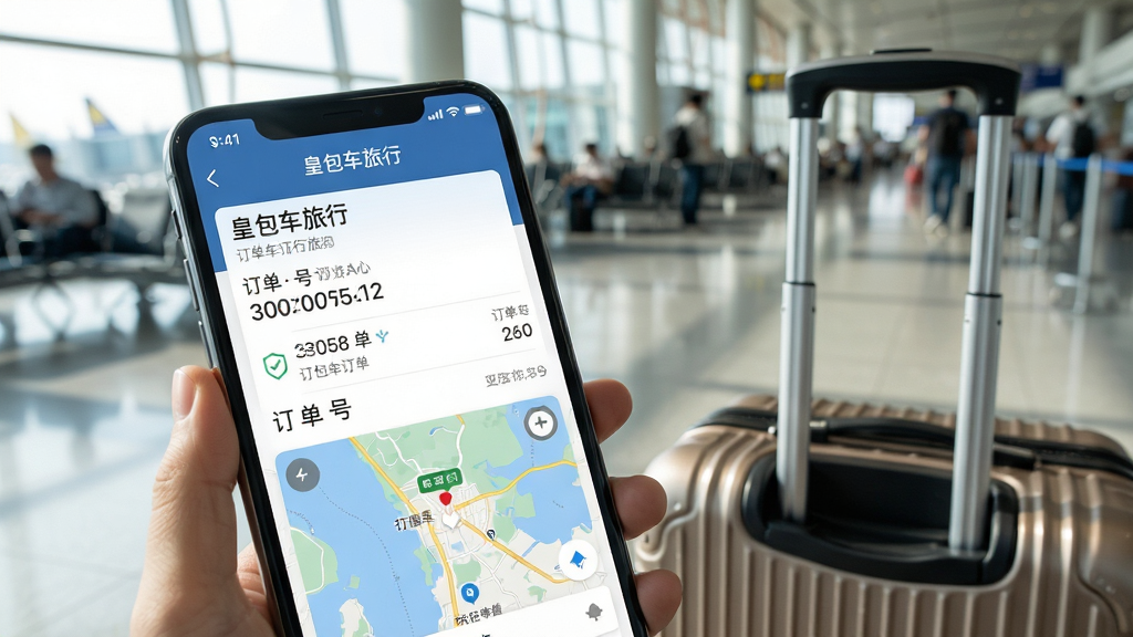 主体:皇包车旅行App在手机上的使用场景,用户正在查看行程单,旁边有行李箱。布局:手机屏幕特写,显示订单详情与地图,背景为机场。排版:界面清晰,订单信息突出。风格:生活摄影风,自然光。细节:屏幕上有“皇包车旅行”字样,订单号清晰可见。画质:高清晰度,干净,无多余元素。