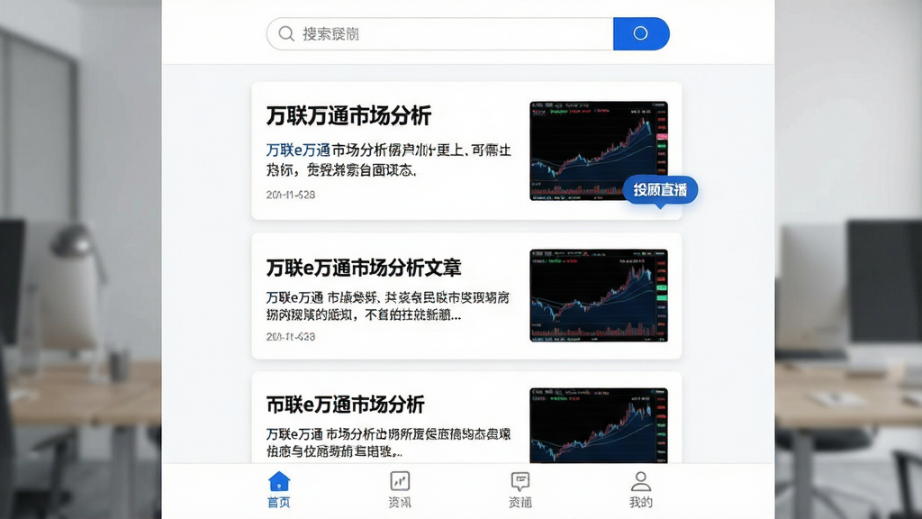 主体:新闻资讯页面,头条为“万联e万通”市场分析文章。布局:顶部为搜索栏,中间为图文混合的资讯流,底部为导航栏。排版:卡片式布局,标题加粗,摘要清晰。风格:简约新闻风格,白色背景,蓝色点缀。细节:文章配图展示股市走势,有“投顾直播”悬浮入口。画质:高清,干净无多余元素。