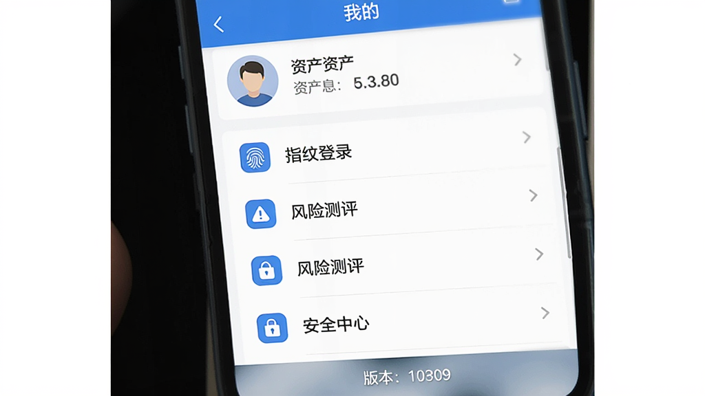 主体:手机截图展示“我的”页面,包含设置和安全中心入口。布局:页面顶部为用户头像和资产信息,中部为功能列表,底部为版本号。排版:列表式布局,图标简洁。风格:扁平化设计,蓝色主题。细节:屏幕上有“指纹登录”“风险测评”等选项。画质:清晰,干净无多余元素。