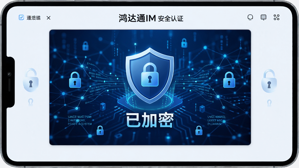 主体为鸿达通IM的安全认证界面,屏幕中央有盾牌图标与“已加密”字样,背景为抽象的蓝色数字网络,构图对称,排版简洁,风格科技感强,细节包括锁形图案与数据流线条,画质高清,干净无多余元素