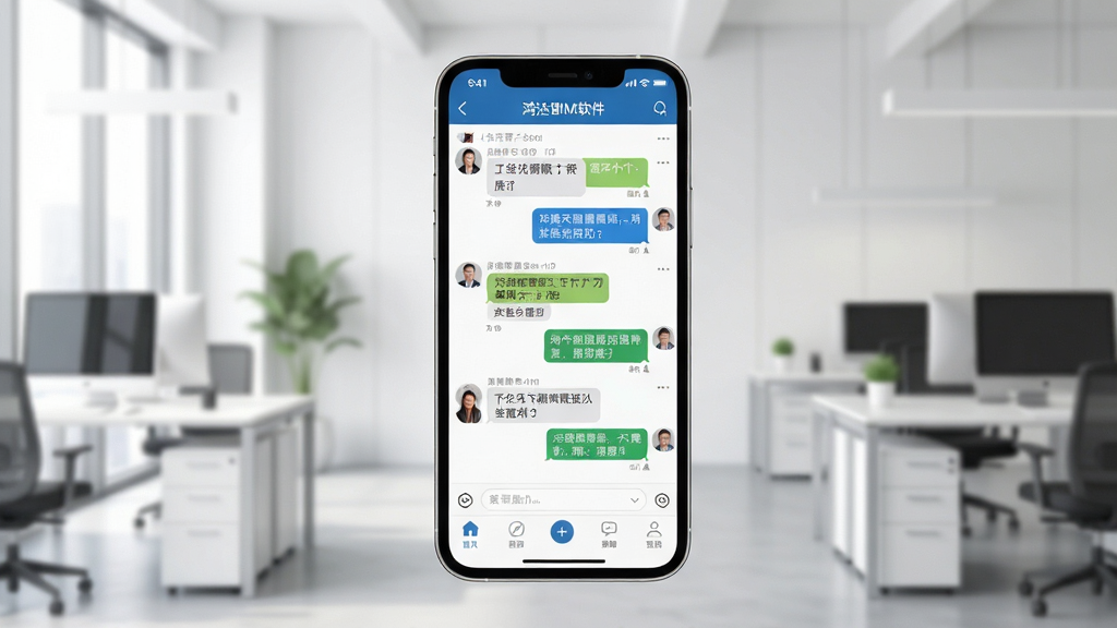 画面主体为鸿达通IM软件在智能手机上的运行界面,界面清晰展示聊天列表与功能图标,背景为简约的现代办公环境,构图以手机屏幕为中心,采用平视角度,排版整洁,风格写实且明亮,细节包括屏幕中的对话气泡与底部导航栏,画质高清,干净无多余元素