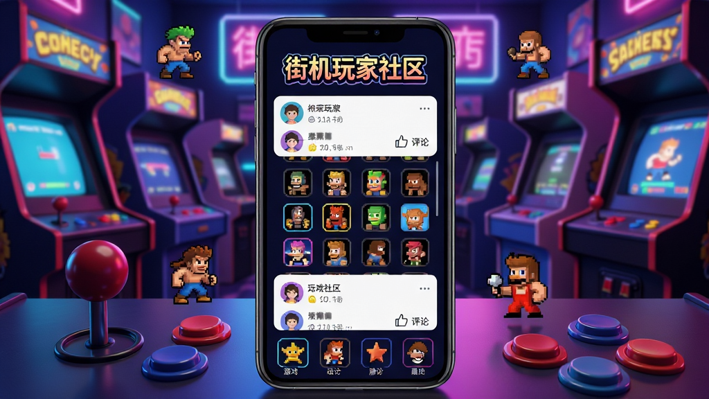 主体:街机玩家社区软件界面展示,手机屏幕中显示游戏列表和社区动态,背景为霓虹灯风格的街机厅场景,布局:中心突出手机屏幕,四周环绕经典街机元素如摇杆、按钮、像素角色,排版:手机竖屏居中,顶部有“街机玩家社区”字样的logo,底部有游戏分类图标,风格:复古像素风与现代UI结合,色彩鲜艳,霓虹光效,细节:游戏图标清晰可辨,社区动态有用户头像和点赞评论按钮,画质:高清渲染,干净,无多余元素