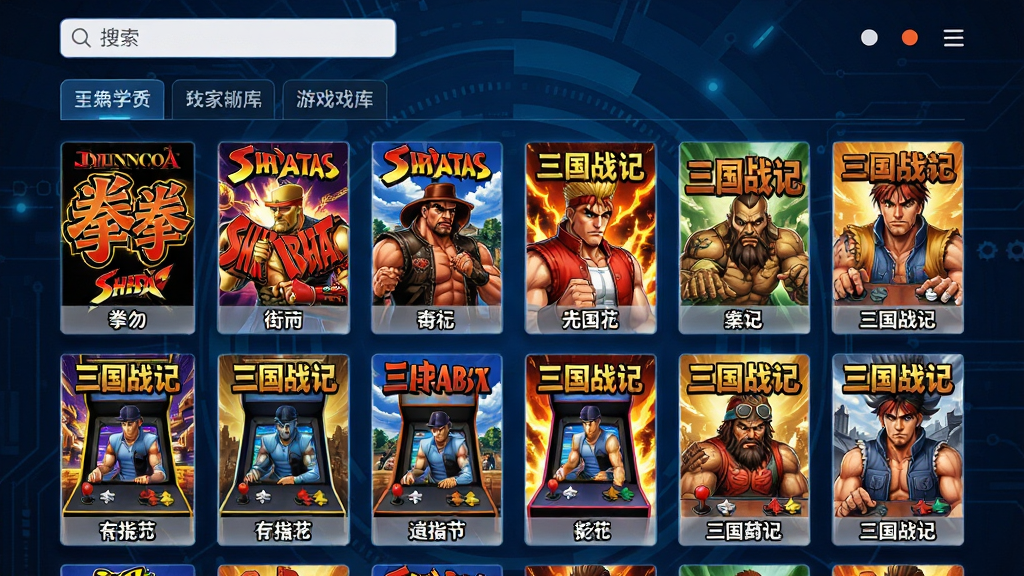 主体:街机玩家社区游戏库界面,屏幕上展示多款经典街机游戏封面,如拳皇、街霸、三国战纪,布局:网格状排列,封面大小统一,上方有搜索栏和分类标签,排版:整洁有序,游戏名称标注在封面下方,风格:明亮清晰,色彩丰富,细节:游戏封面有光影效果,背景为深蓝色科技感纹理,画质:高清,干净,无多余元素