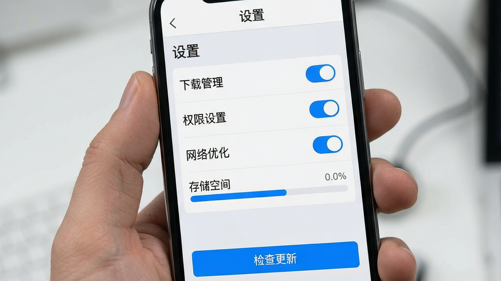 主体:手机屏幕显示街机玩家社区设置页面,包含“下载管理”、“权限设置”、“网络优化”等选项,布局:列表形式,每项右侧有开关按钮,排版:简洁清晰,顶部有“设置”标题,风格:清爽的浅灰色背景,蓝色高亮开关,细节:有“存储空间”进度条显示,底部有“检查更新”按钮,画质:高清,干净,无多余元素