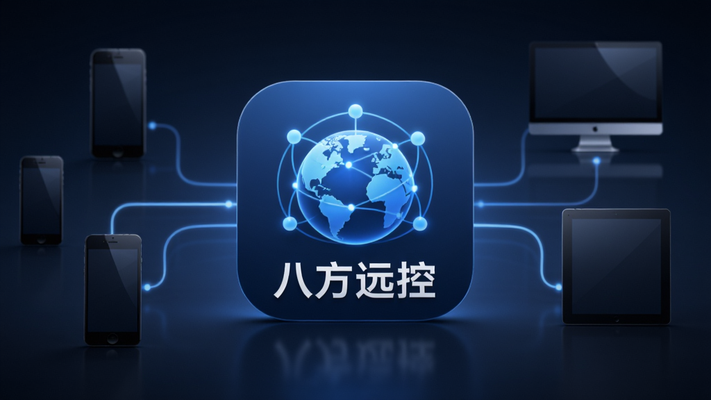 画面中央展示“八方远控”软件图标,图标设计为蓝色科技感地球与连接节点,背景为深色渐变,四周环绕手机、电脑、平板等设备剪影,线条流畅,布局采用中心对称,风格现代简约,细节包含光影反射与景深效果,画质高清干净无多余元素。