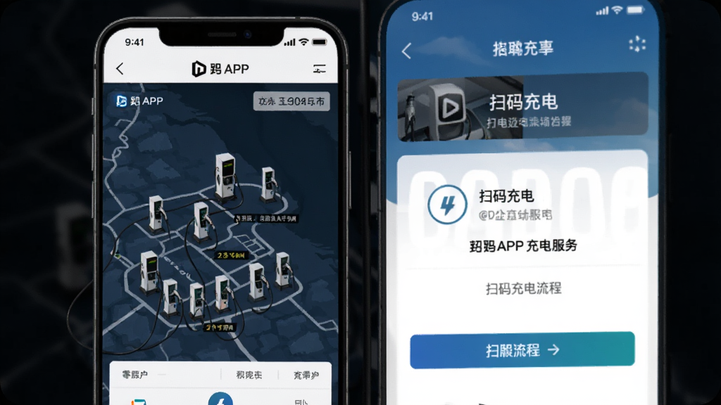 零跑APP充电服务页面,显示充电桩地图分布、扫码充电流程,界面简洁明了,操作流畅,画质清晰