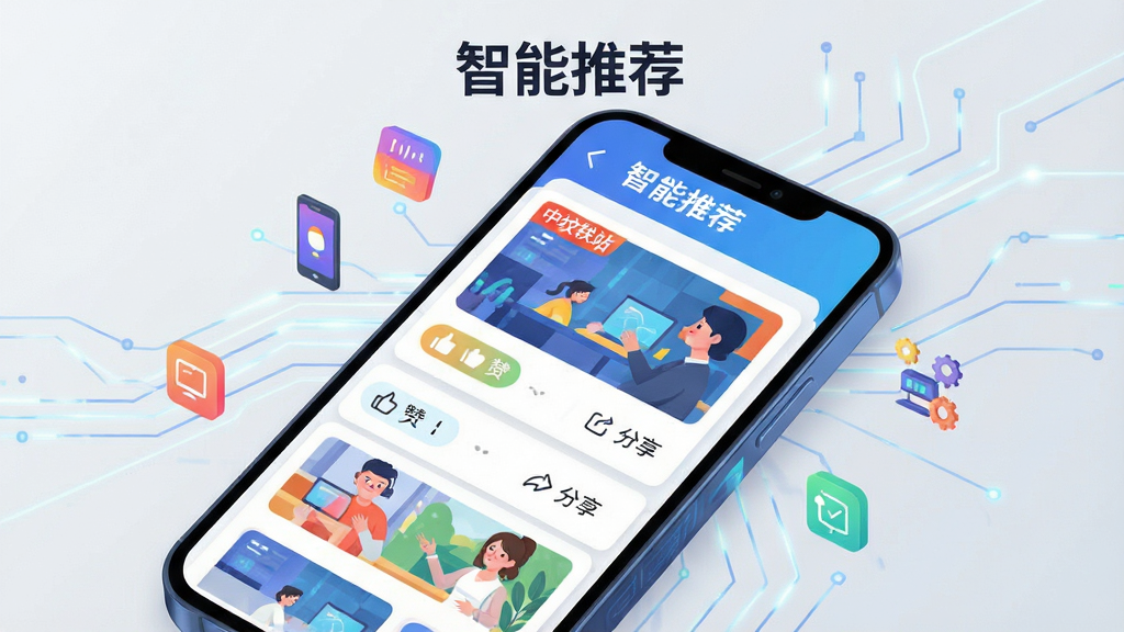 主体:中纹轶站智能推荐功能演示,手机屏幕上展示个性化信息流,包含图文卡片与标签;背景:浅灰色背景,带有数据流动线条装饰;排版:手机斜放,屏幕上方有“智能推荐”字样,四周围绕小型图标;风格:科技感插画风格,色彩明快;细节:卡片上有“中纹轶站”角标,显示点赞与分享按钮;画质:高清,干净,无多余元素