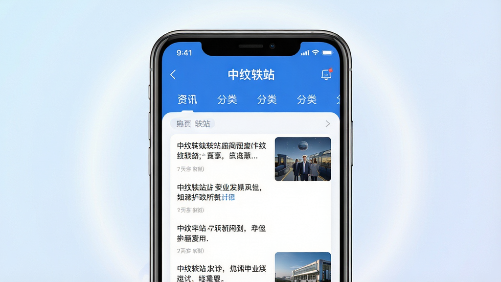 主体:中纹轶站APP界面展示,手机屏幕中显示资讯列表与分类标签,界面以蓝白为主色调,布局清晰;背景:简约渐变背景,带有柔和的光晕;排版:手机居中,屏幕内容放大展示,周围留白;风格:现代扁平化设计,科技感与亲和力并存;细节:屏幕中显示“中纹轶站”字样及新闻卡片预览;画质:高清渲染,干净,无多余元素