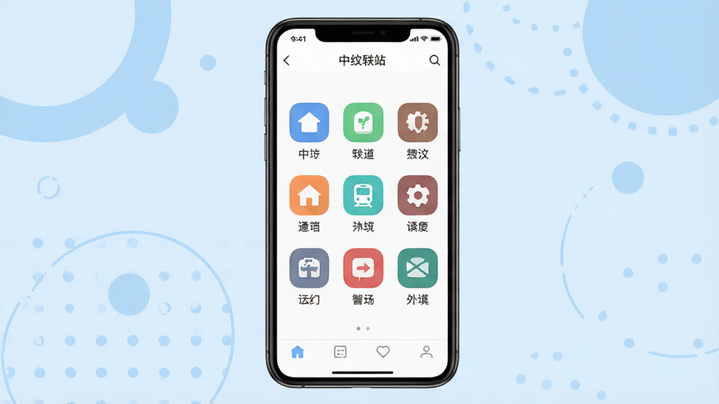 主体:中纹轶站多频道分类界面,手机屏幕上显示九宫格分类图标,每个图标下方有中文标签;背景:淡蓝色背景,带有圆形装饰元素;排版:手机竖直居中,图标排列整齐,颜色各异;风格:清爽简洁的UI设计,图标扁平化;细节:屏幕顶部有“中纹轶站”标题栏,底部有导航栏;画质:高分辨率,干净,无多余元素