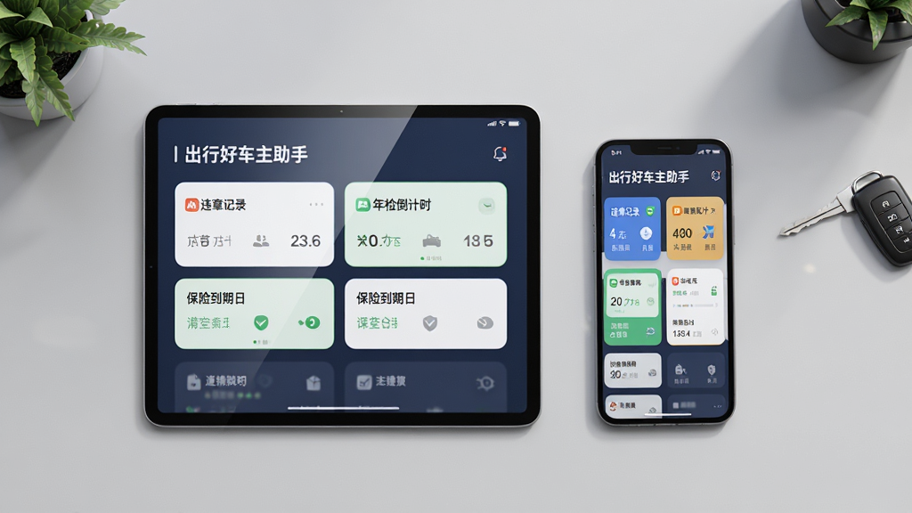 图片主体为一块平板电脑和一部手机并排放在浅灰色桌面上,屏幕中显示“出行好车主助手”的车辆管理功能聚合页面,上面有违章记录、年检倒计时、保险到期日等卡片式信息模块。布局为平视视角的对称构图,排版清晰,风格为写实的产品渲染图,注重光影反射和屏幕内容的细节清晰度,背景点缀有绿植和车钥匙,画质干净,无多余元素。