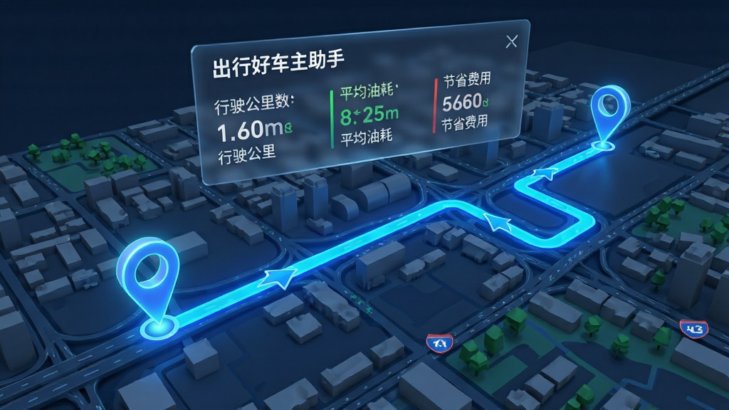 画面主体为一张从空中俯瞰的立体城市道路地图,一条高亮蓝色的导航路线贯穿其中,路线起点和终点有发光的图钉标记。地图上方悬浮着半透明的数据面板,显示“出行好车主助手”的行程统计,包括行驶公里数、平均油耗和节省费用。布局为动感的多角度透视,风格为科技感强烈的信息图,结合3D地图与扁平化UI元素,强调数据的可视化呈现,画质高清,干净,无多余元素。