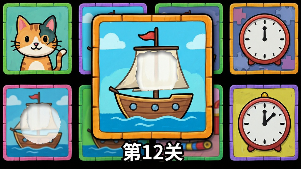 主体:一组不同难度的关卡缩略图排列在屏幕上,每张图展示不同的未完成画作,如一只缺了耳朵的猫、一艘没有帆的船、一个缺少指针的钟表。布局:缩略图以网格形式排列,中央有一张放大的关卡图,下方显示“第12关”字样。排版:网格整齐,放大图与缩略图形成对比,突出游戏进度。风格:卡通拼贴风,每个缩略图边框颜色不同。细节:每张图都有一处明显的空白区域,暗示需要玩家补全。画质:清晰锐利,色彩鲜艳,画面干净,无多余元素。