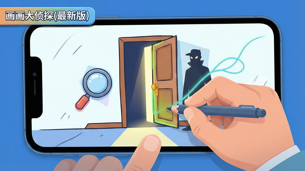 主体:一名玩家手指在手机屏幕上绘制线条,屏幕中显示一幅逐渐完整的卡通画,画中有一扇半开的门,门缝透出光亮,旁边有放大镜图标。布局:手机屏幕占据画面中心,手指位于屏幕下方,左上角显示游戏名称“画画大侦探(最新版)”的小标签。排版:画面简洁,突出绘画动作与屏幕内容的互动。风格:现代扁平化插画风格,色彩清晰明快。细节:画作线条流畅,补全部分用高亮颜色区分,门后隐约可见一个神秘人物剪影。画质:高清,细节丰富,画面干净,无多余元素。