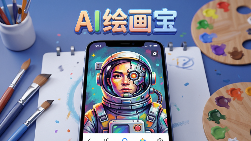 画面中心展示一款名为“AI绘画宝”的智能手机应用界面,界面悬浮于一个充满艺术气息的虚拟工作台上。主视觉是一幅由该应用生成的半机械风格宇航员肖像,色彩斑斓。布局上,手机界面占据画面核心位置,四周有散落的画笔和调色板元素。排版采用上下结构,上方是应用名称“AI绘画宝”的立体字标,下方是生成的画作。整体风格为科技感与艺术感结合的3D渲染,细节上突出屏幕内画面的光影质感和笔触纹理,画质高清干净,无多余元素