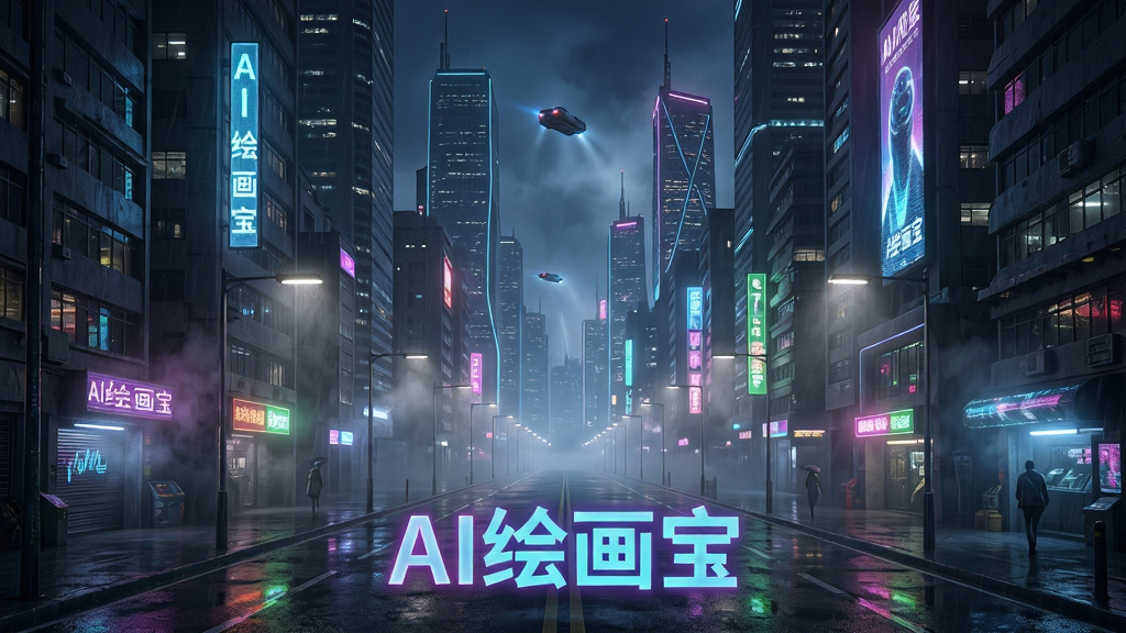一幅由“AI绘画宝”生成的赛博朋克风格城市夜景图。主体是未来感十足的摩天大楼群,霓虹灯牌林立。布局采用对称透视,街道延伸至远方。排版上,画面中央偏下位置有“AI绘画宝”的荧光艺术字水印。风格为高细节的数字插画,融合了写实光影与科幻元素。细节上,雨水湿润的街道倒映着五彩灯光,空气中弥漫着雾气。画质清晰锐利,干净无多余杂物