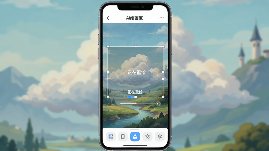 展示“AI绘画宝”局部重绘功能的操作界面。主体是应用软件的编辑屏幕,屏幕上有一幅风景画,其中一片云朵区域被半透明的选区覆盖。布局为手机界面居中展示,下方有功能按钮栏。风格为简洁的UI设计图,界面清晰。细节上,选区边缘有柔和的羽化效果,并配有“正在重绘”的进度指示。屏幕上方显示“AI绘画宝”应用名称。画质干净,界面元素排列整齐