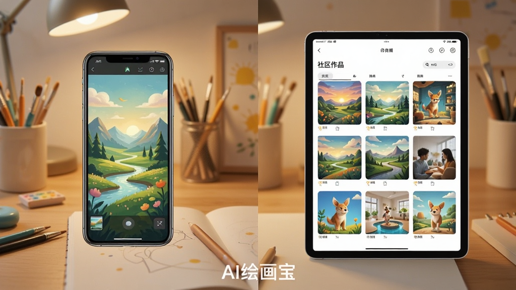 展示“AI绘画宝”应用在手机和平板上的使用场景对比图。主体是左侧一部手机,右侧一台平板电脑,屏幕上均显示该应用的绘制界面。布局为左右对称,背景为温暖的居家工作台。风格为写实的生活场景摄影。细节上,手机屏幕上显示一幅生成中的风景画,平板屏幕上显示着社区作品墙。画面干净,光线柔和,突出设备屏幕中的内容。图片下方有“AI绘画宝”水印
