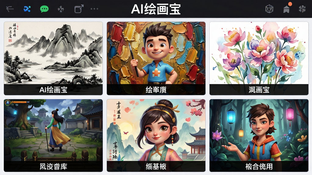 一幅展示“AI绘画宝”风格模型库的九宫格预览图。主体是九个不同风格的艺术作品缩略图,包括水墨山水、3D卡通角色、厚涂油画肖像、水彩花卉、游戏场景原画等。布局为规整的3x3网格,每个格子内有一幅代表性作品。风格多样,色彩丰富。细节上,每个缩略图下方有对应的风格名称标签。画面顶部有“AI绘画宝”的标题栏。画质高清,布局整洁