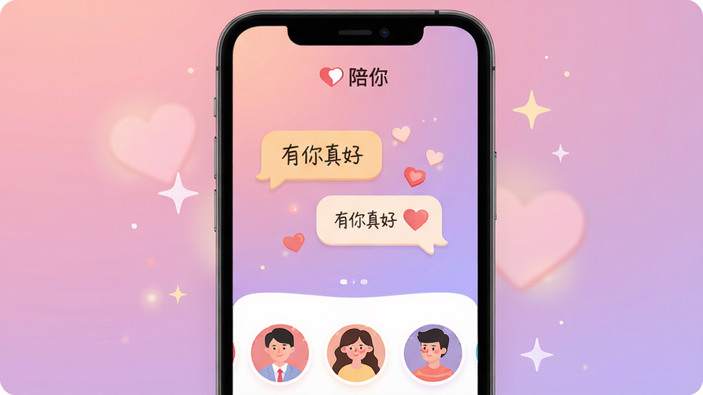 ���壺һ����Ϊ�����㡱���罻APP����չʾ���ֻ���Ļ������ʾ��ů�ĶԻ����ݺͰ���ͼ�꣬��������͵Ľ����ɫ����ɫ�����֣��ֻ����У��������ף���Χ�е������ǹ��׺���Ű棺�����࣬�Ϸ���ʾ�����㡱Logo���·������ż���Բ��ͷ�񣬷�񣺱�ƽ���廭�����ܰ������ϸ�ڣ��Ի�������д�š�������á������ʣ����壬�ɾ����޶���Ԫ��